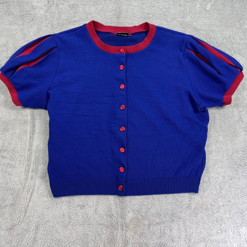 Elhoffer Design Cardigan Women 3XL Blue Snow White Short Puff Sleeve Knit